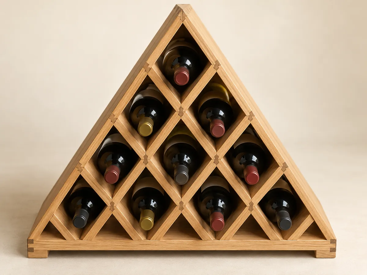 Oak pyramid wine rack with diamond bins — AI concept