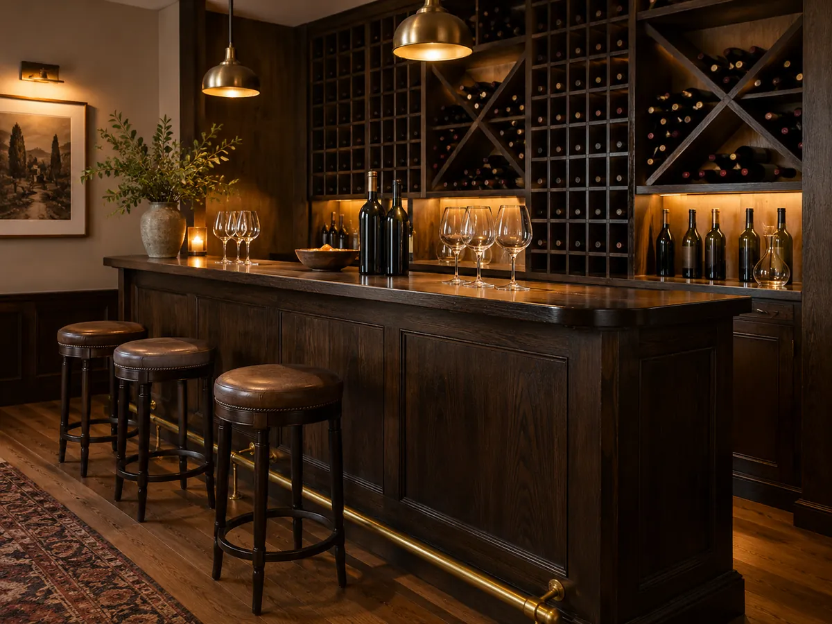 Dark oak tasting bar with a wine wall behind — AI concept