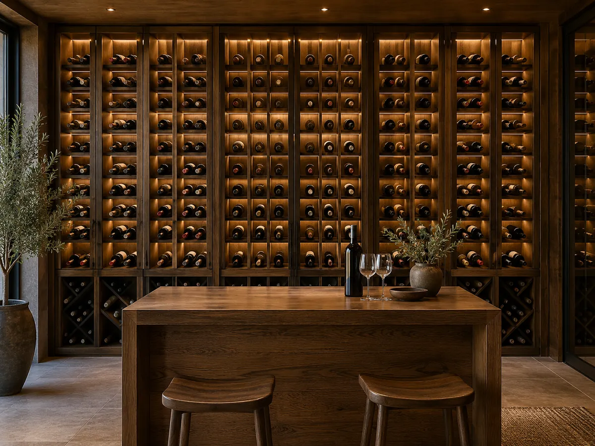 Lit wine wall with bottle cradles and a tasting table — AI concept