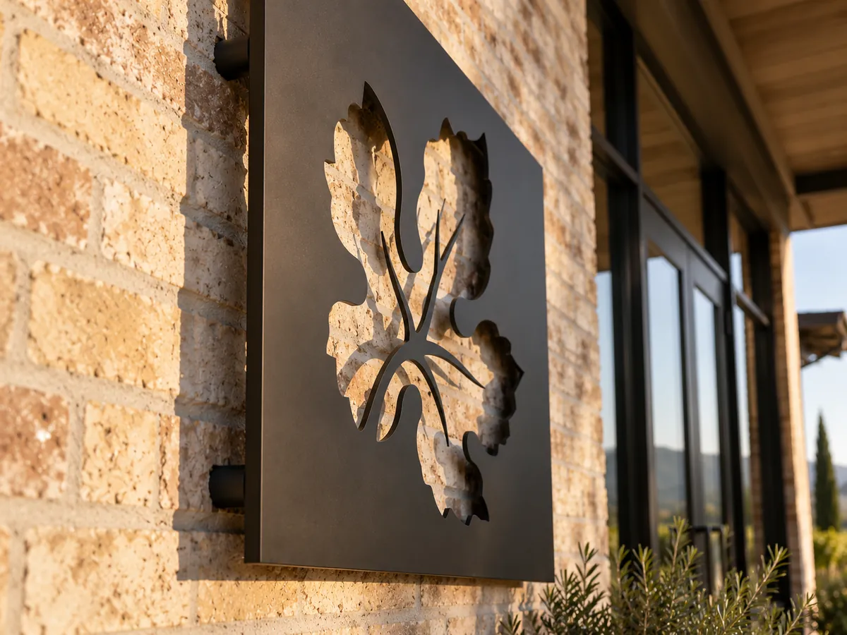 Side view of a black steel sign with a cut-out vine leaf on standoffs, its shadow on a brick wall — AI concept