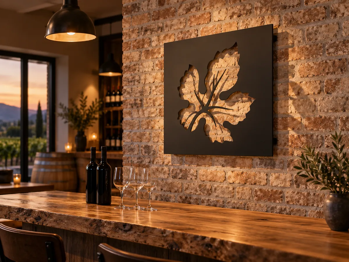 Black steel vine-leaf sign on a brick wall above a winery tasting-room counter with glasses — AI concept