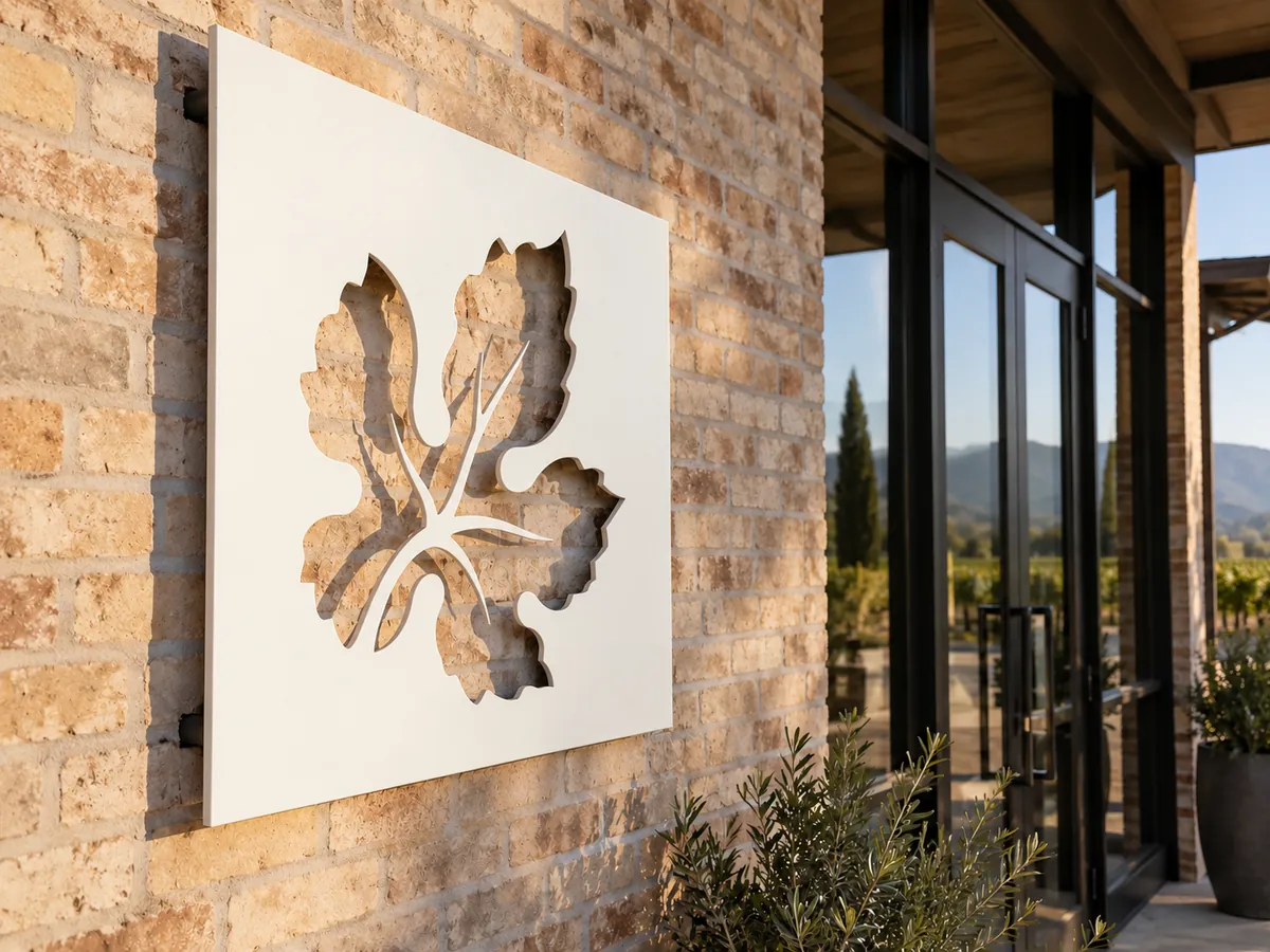 White painted steel sign with a cut-out vine leaf on standoffs against a brick wall — AI concept