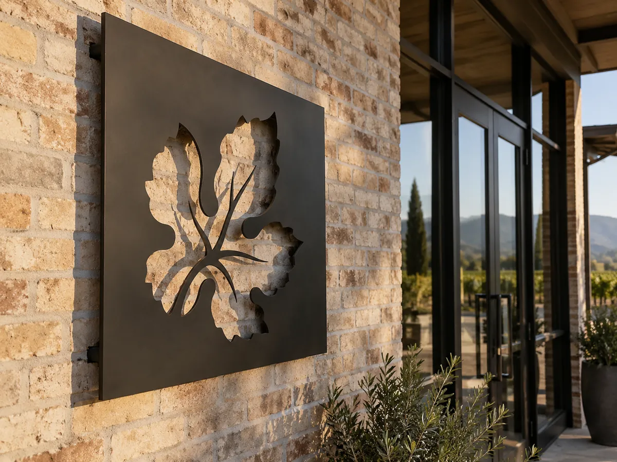 Black steel sign with a cut-out vine leaf on a brick wall beside a tasting-room door — AI concept