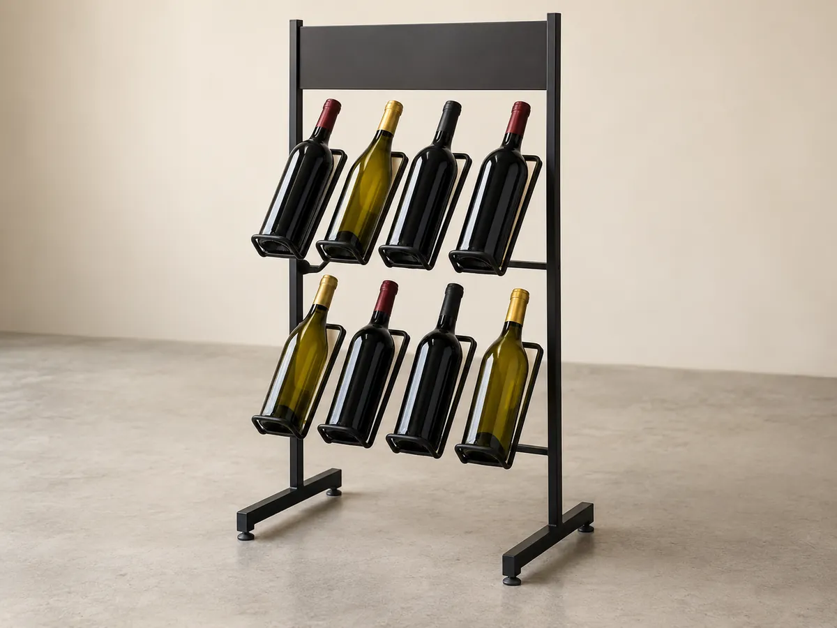 Free-standing black steel stand holding eight bottles at an angle, with a blank panel on top — AI concept