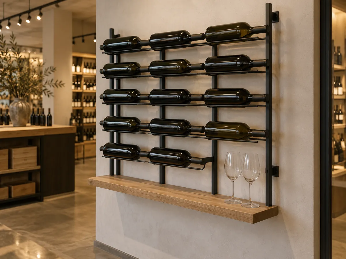 Black steel wall wine rack holding bottles in rows above an oak shelf with two glasses — AI concept