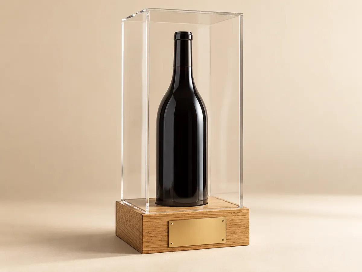 Clear acrylic case over a single bottle on an oak base with a blank brass plate — AI concept