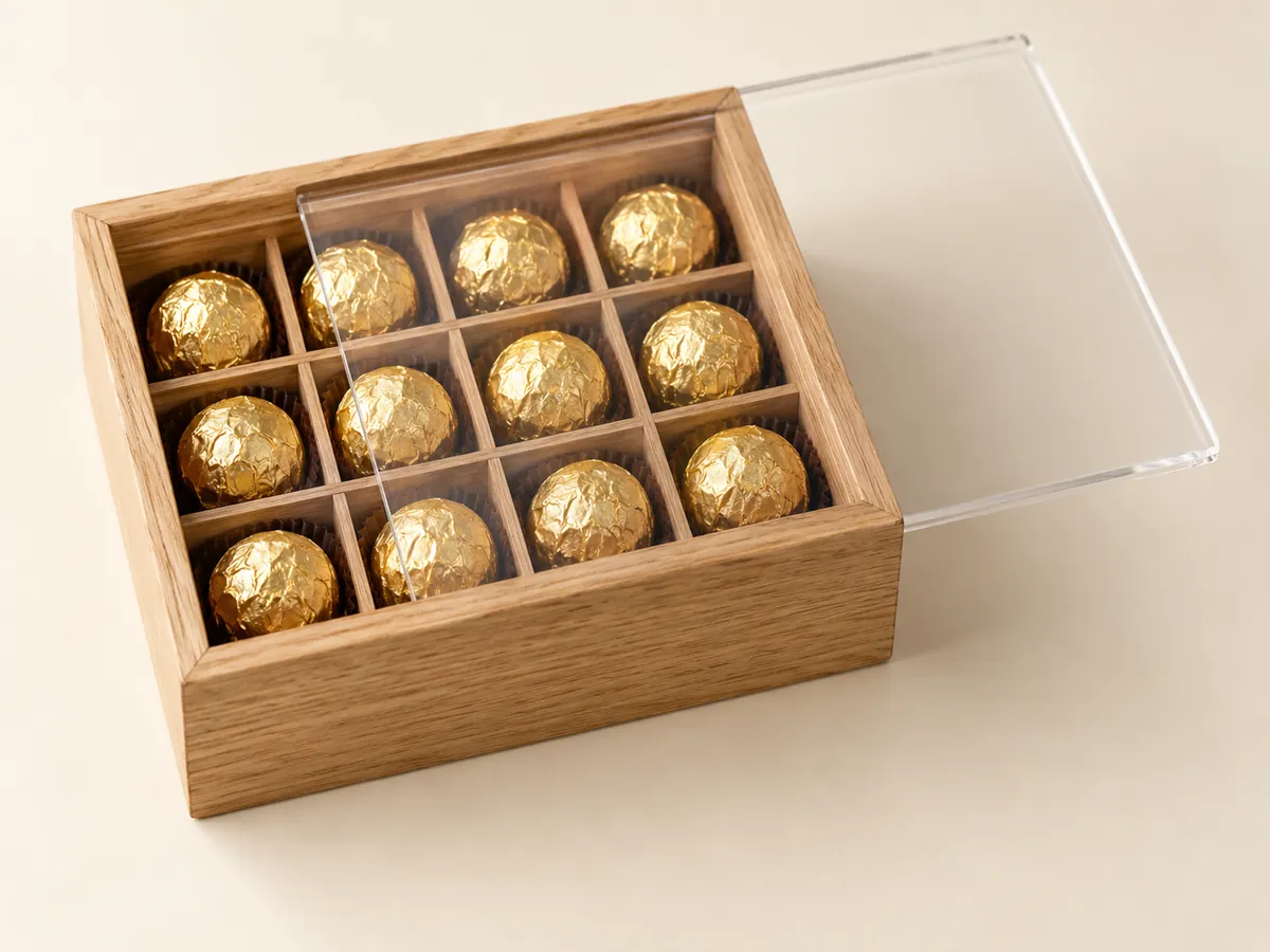 Oak gift box with a clear acrylic sliding lid over gold-wrapped chocolates in a divider grid — AI concept