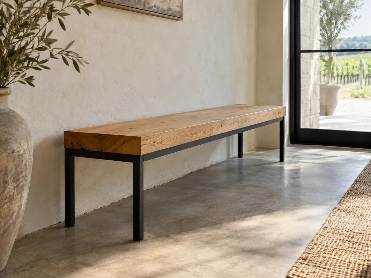 Solid oak bench on a slim black steel frame in a bright entrance — AI concept