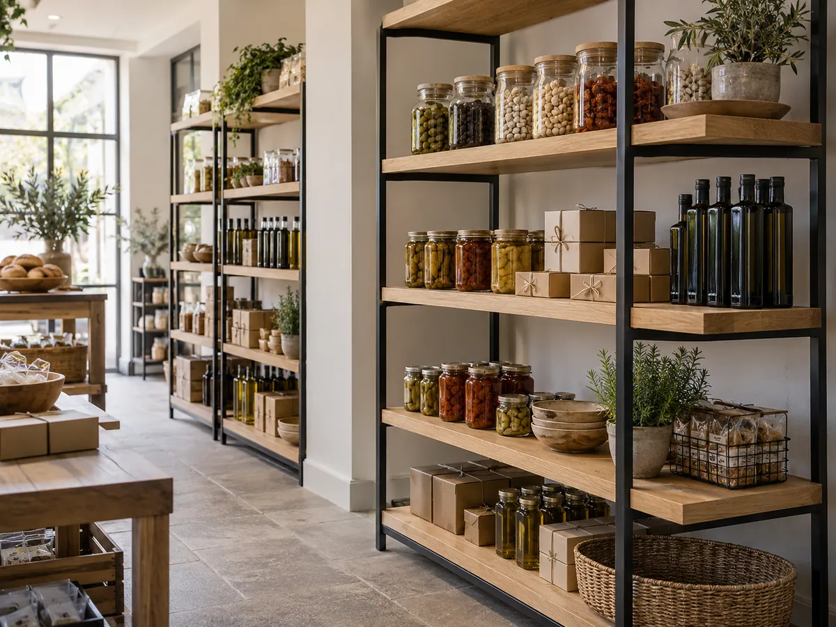 Black steel shelving with thick oak shelves holding jars, gift boxes and bottles in a deli — AI concept