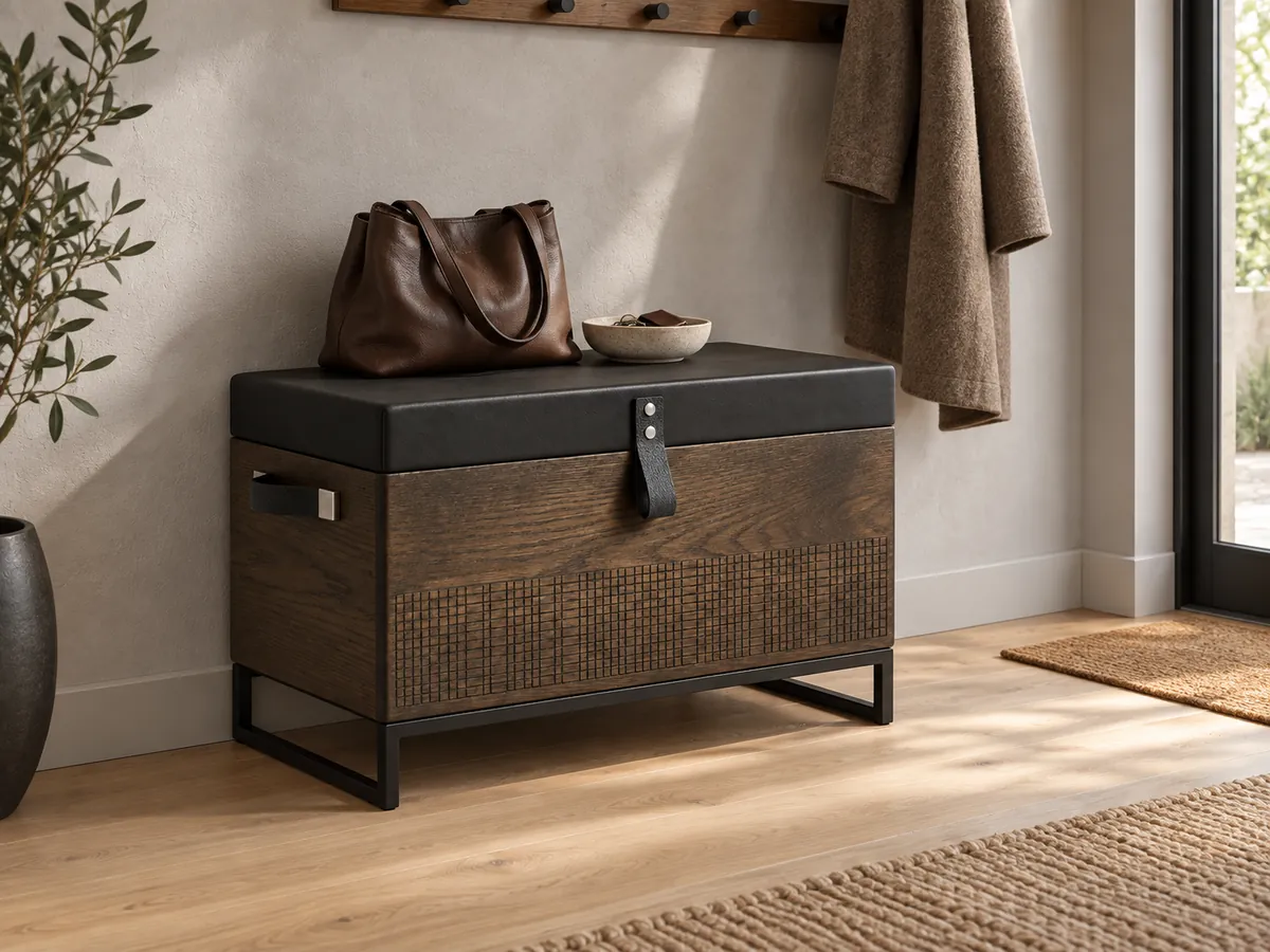 Dark oak storage chest on a black steel frame in an apartment entrance hall below a coat rail — AI concept