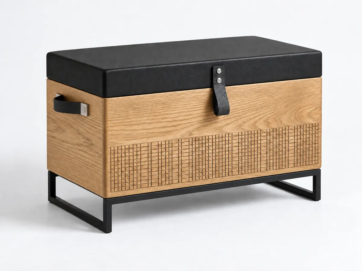 Natural light oak storage chest with a matt black lid and a grid-textured band on a black steel frame — AI concept