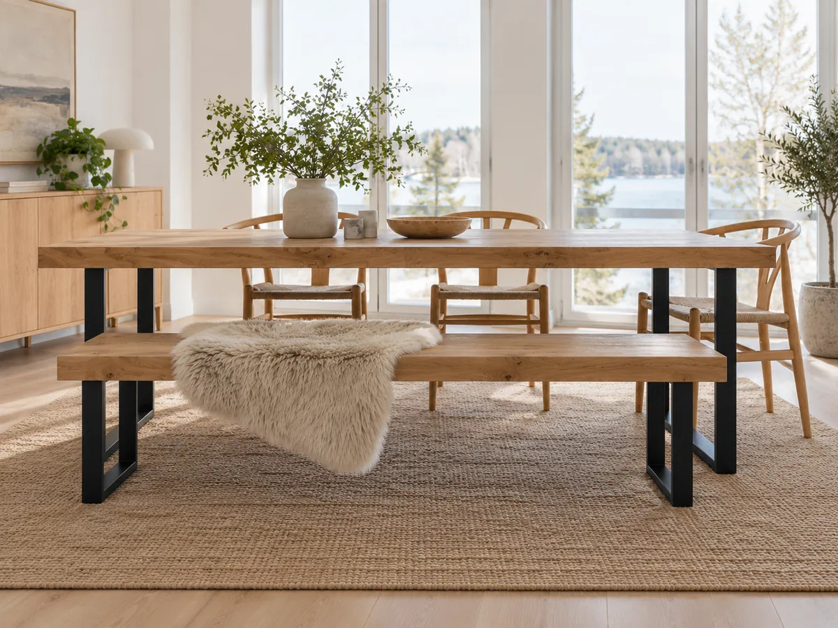 Side view at seated height of the oak dining table, showing knee room under the top and the bench between the steel legs — AI concept