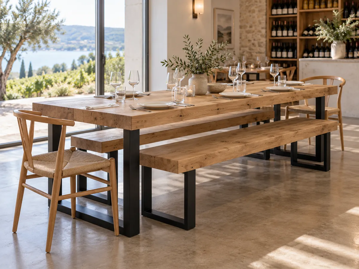 Long oak dining table on black steel legs with two oak benches pushed under and a chair at each end, in a bright tasting room — AI concept