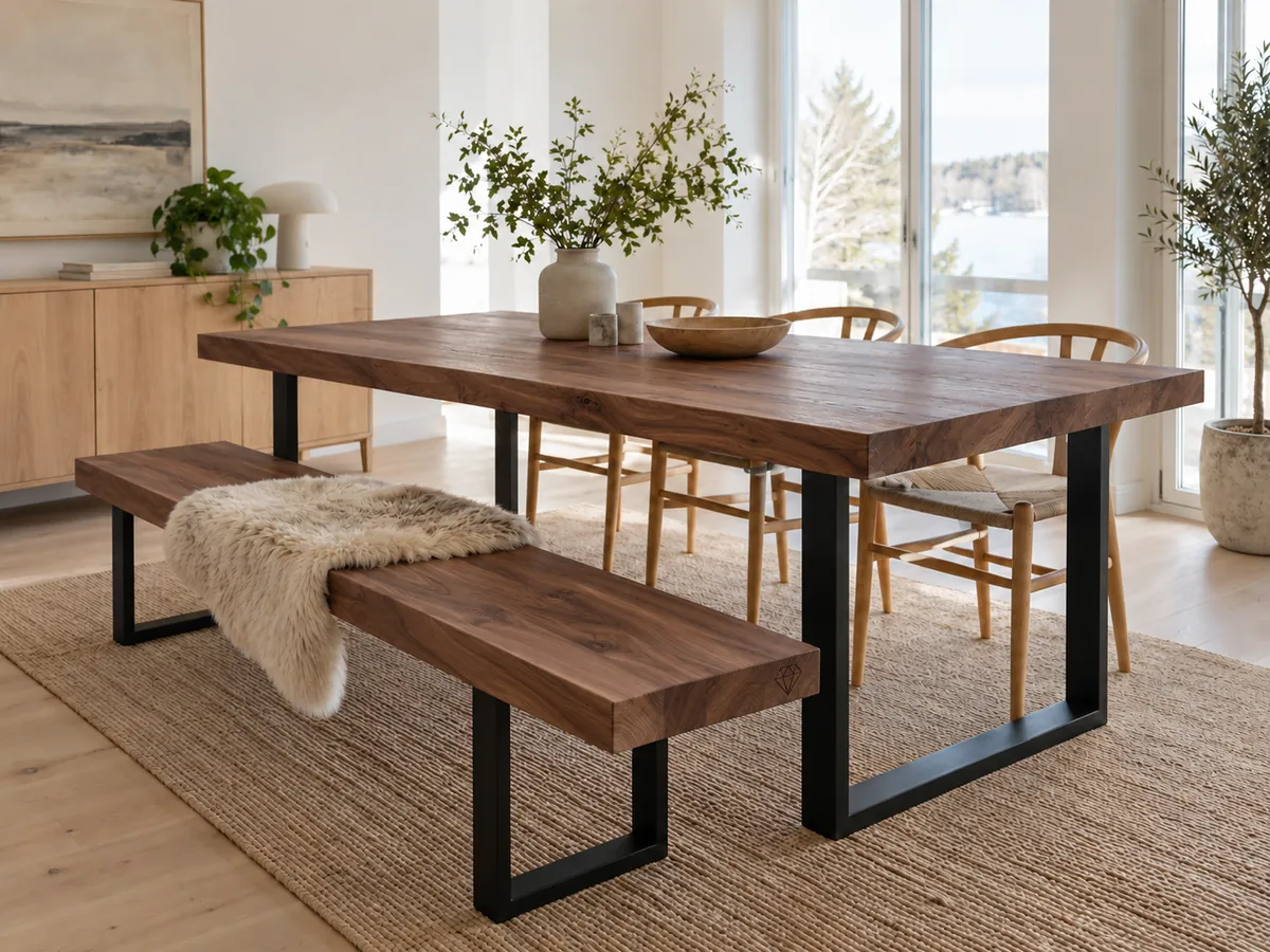 Walnut dining table on black steel legs and matching walnut bench with a small engraved mark on the bench end — AI concept