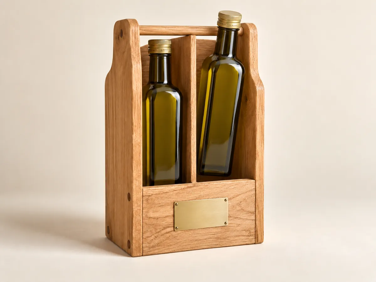 Oak two-bottle carrier with one olive oil bottle half lifted out beneath the top handle — AI concept