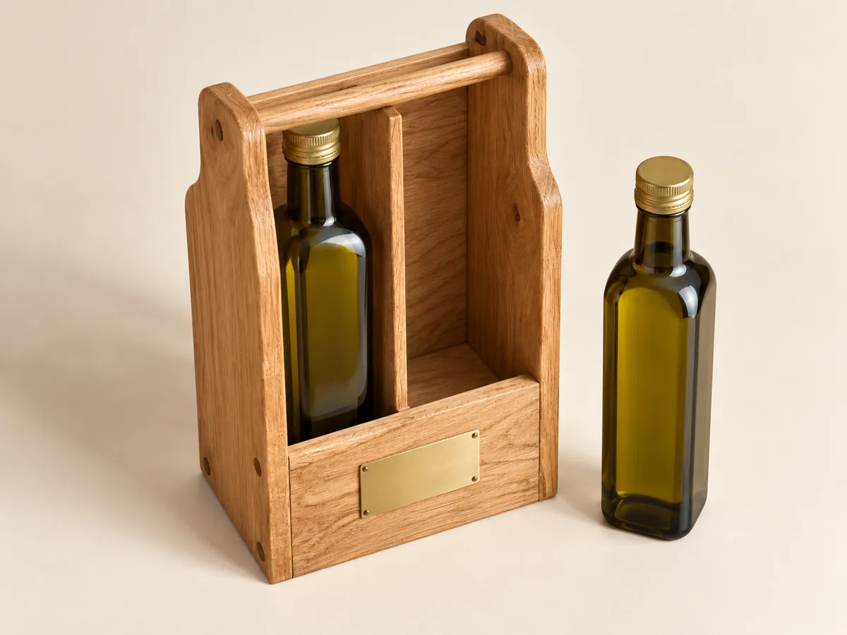 Oak carrier for two olive oil bottles seen from above, one bottle lifted out to show the divider and compartment — AI concept