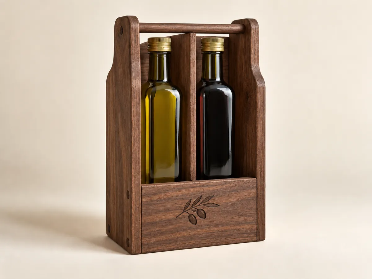 Walnut carrier for two bottles with an engraved olive branch on the front — AI concept