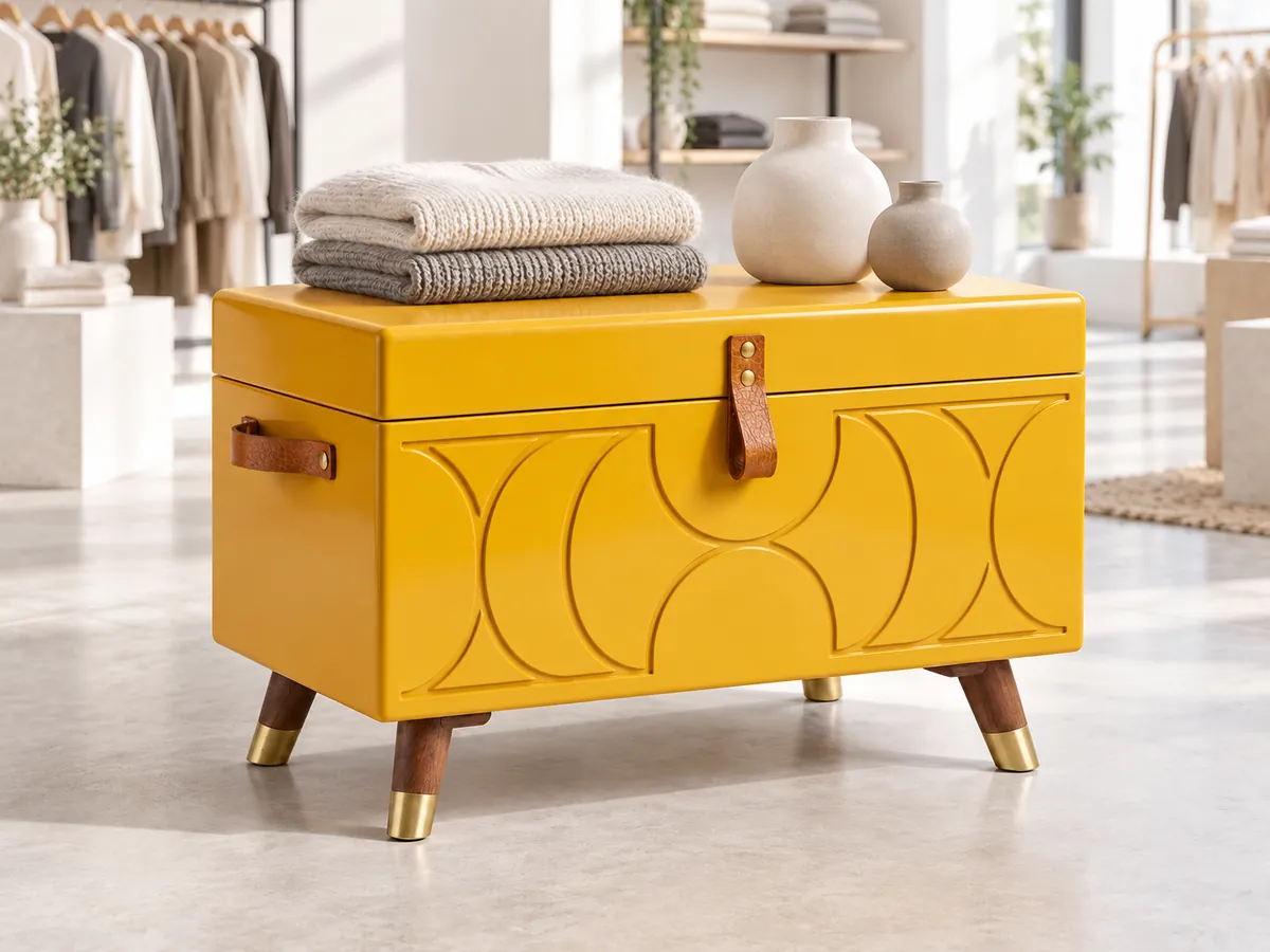 Yellow painted chest with routed arches used as a display piece in a bright concept store — AI concept