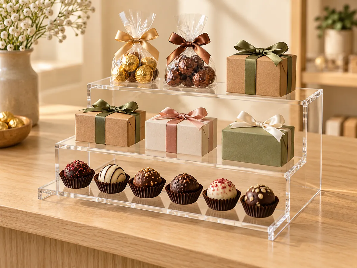 Clear acrylic step riser on an oak counter with small gift boxes and chocolates — AI concept