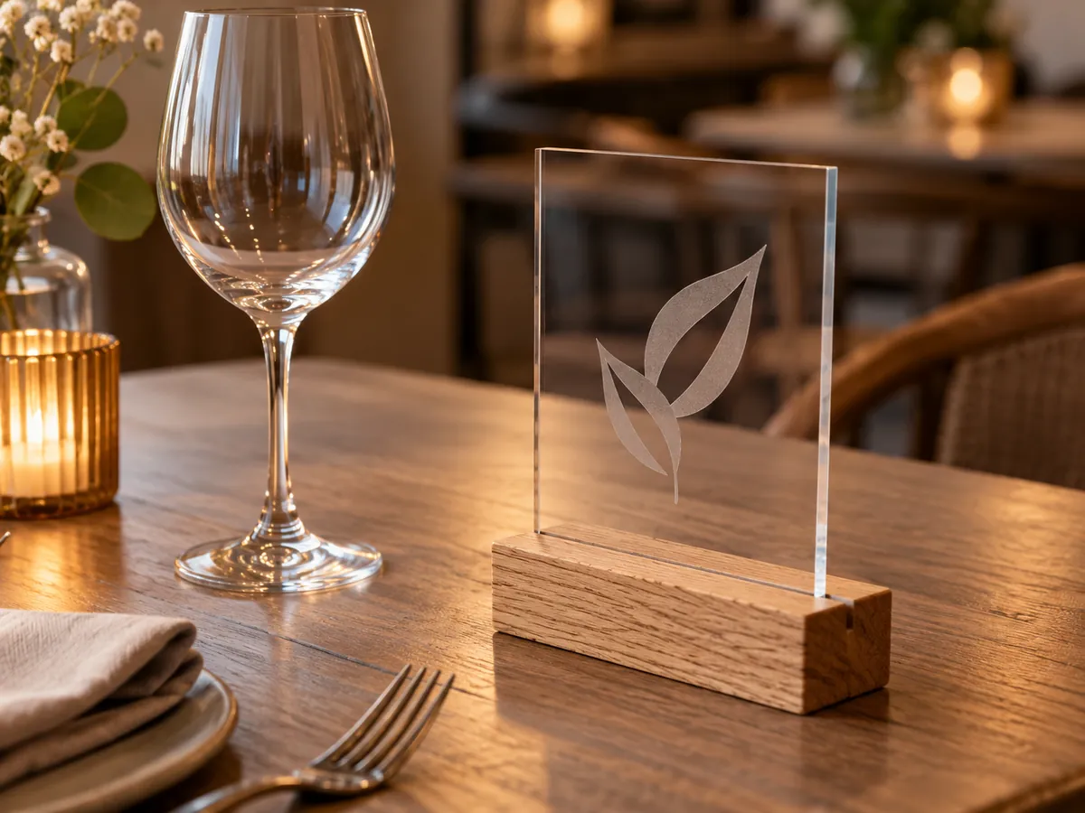 Clear acrylic table sign with a leaf mark, held in a slotted oak base on a café table — AI concept