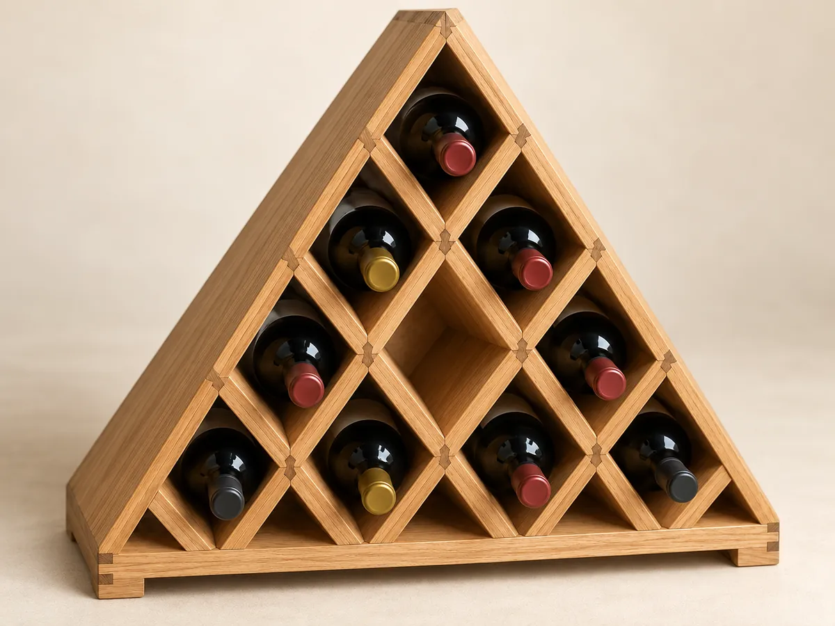 Close-up of the single-bottle diamond cells and joints of an oak pyramid wine rack, one cell empty — AI concept