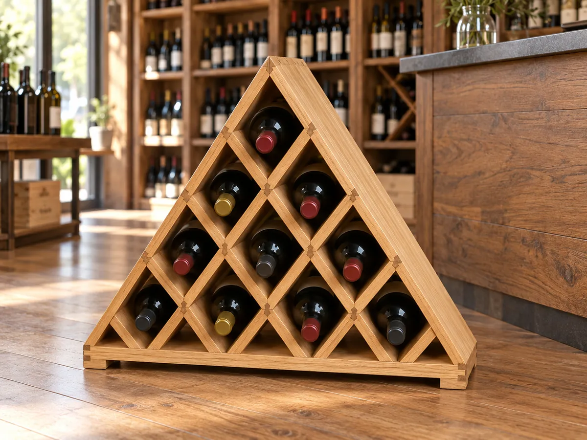 Oak pyramid wine rack filled with unlabelled bottles standing free beside a shop counter — AI concept