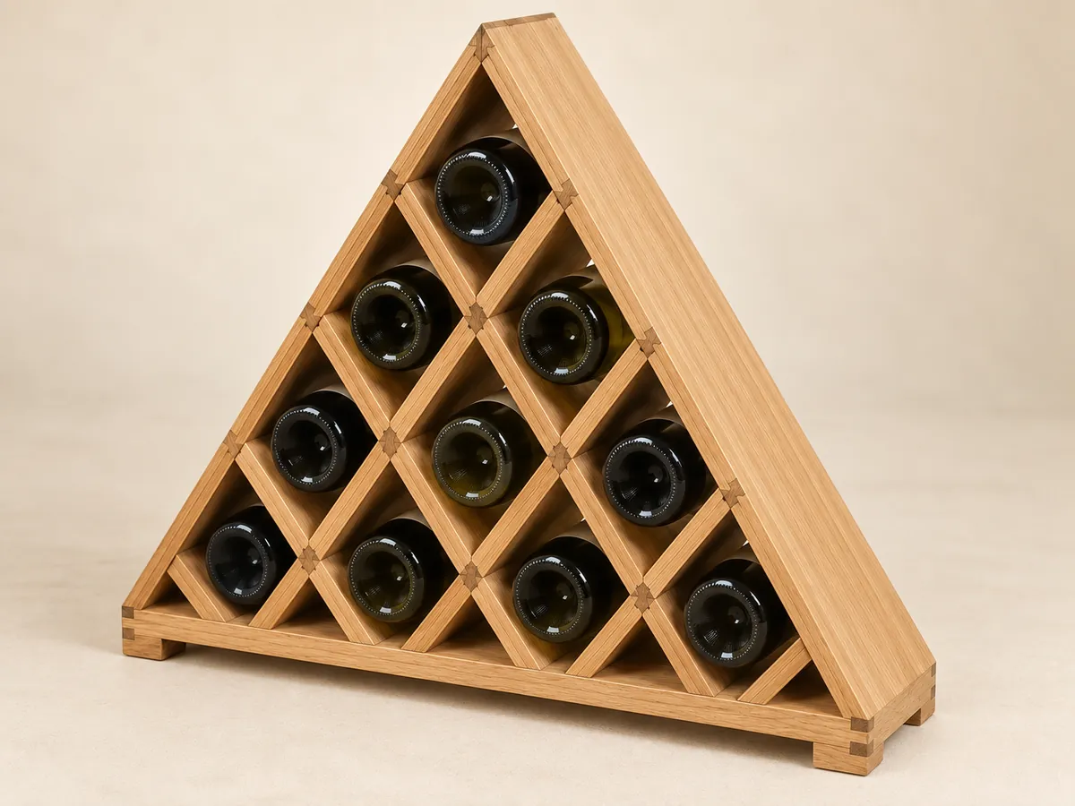 Oak pyramid wine rack in a three-quarter view, showing its depth and ten single-bottle diamond cells — AI concept