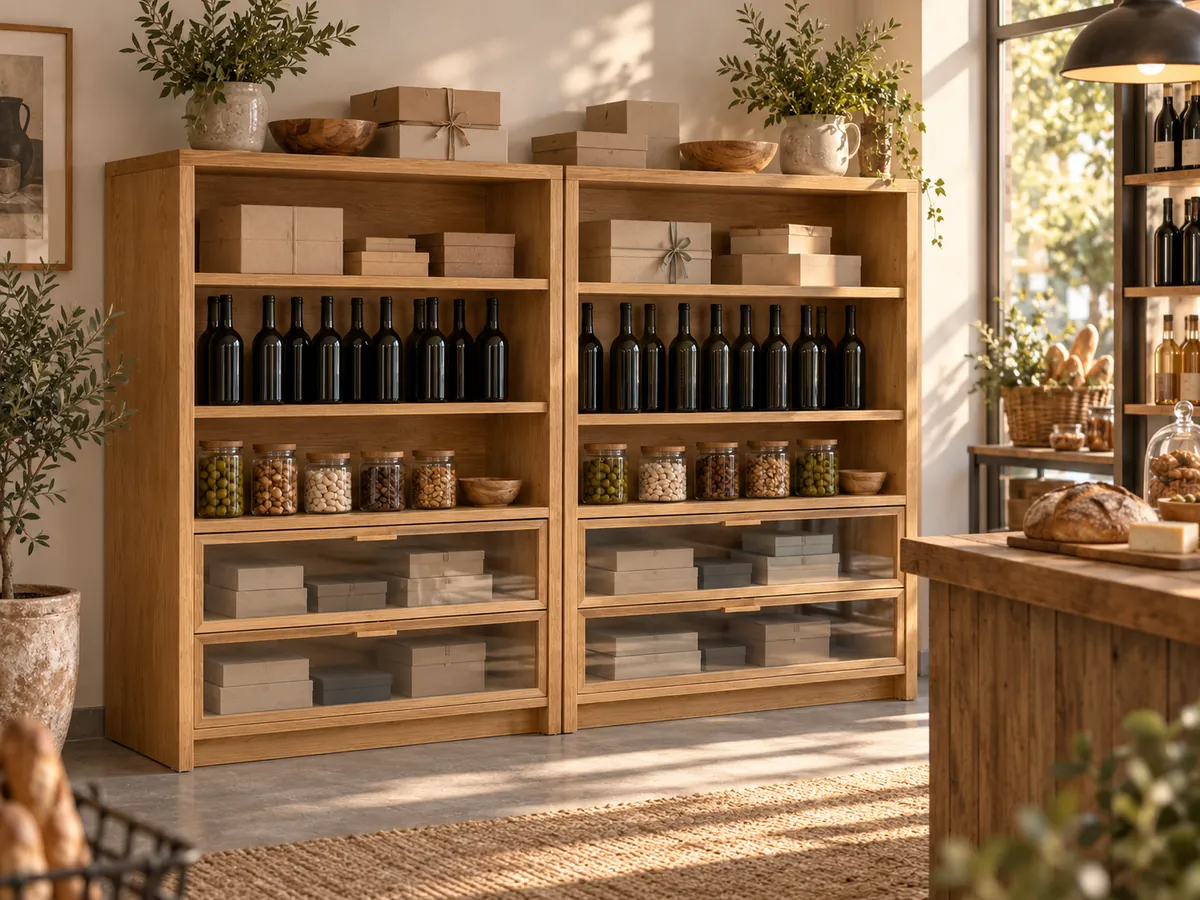 Two oak display unit modules in a small deli, shelves holding jars, bottles and gift boxes — AI concept