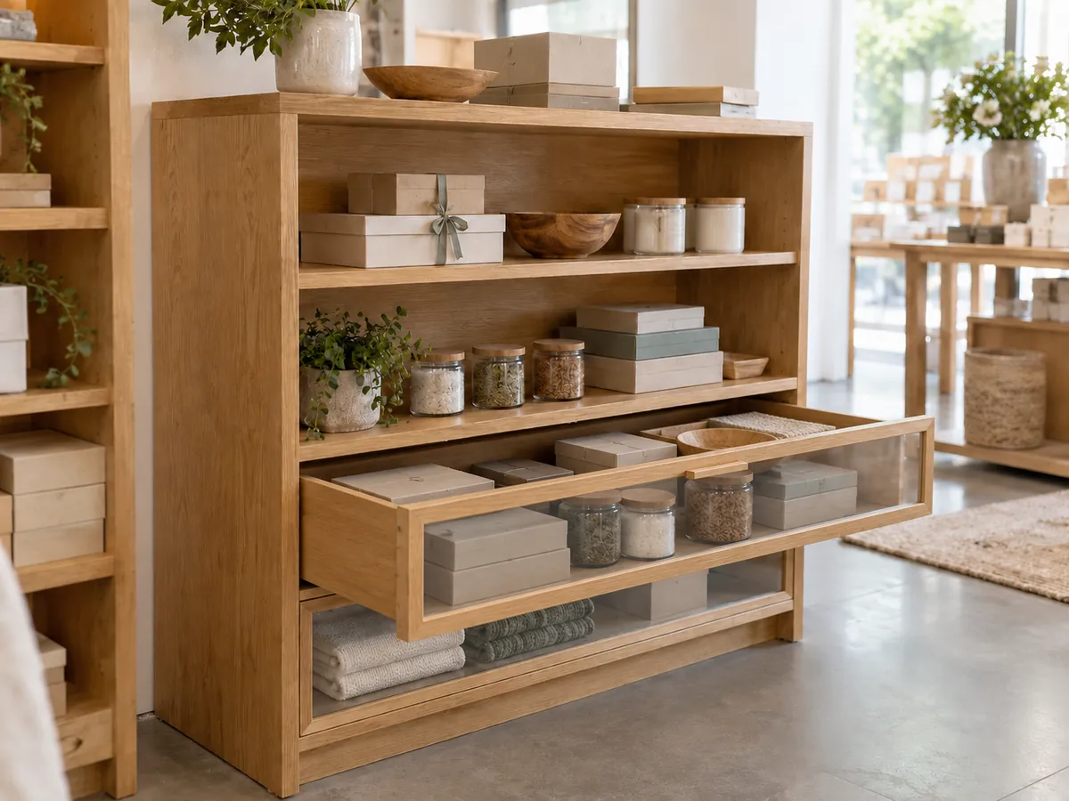 Oak shop display unit with one glass-front drawer half open, holding plain boxes and jars — AI concept