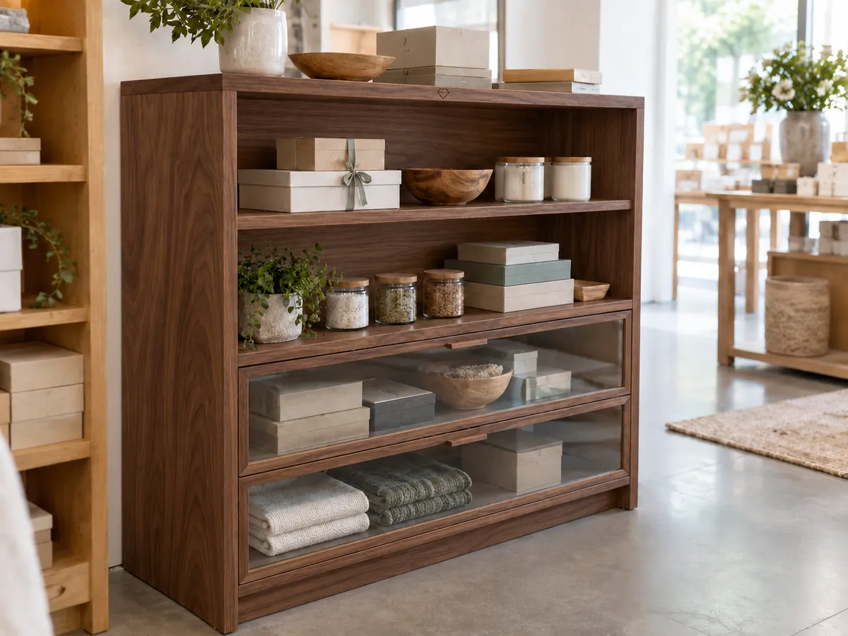 Walnut version of the shop display unit with a small engraved mark on the top rail — AI concept