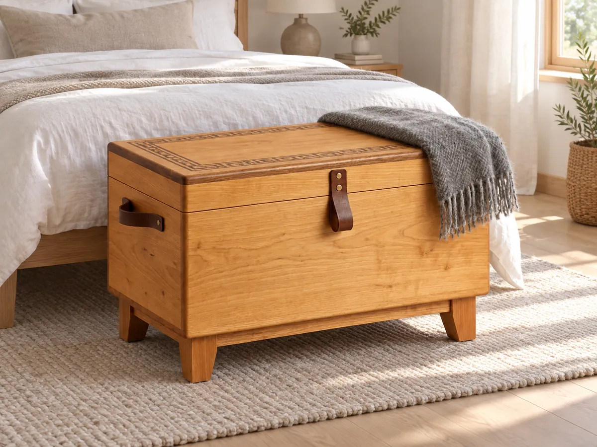 Solid oak blanket chest at the foot of a double bed with a folded grey throw on the lid — AI concept