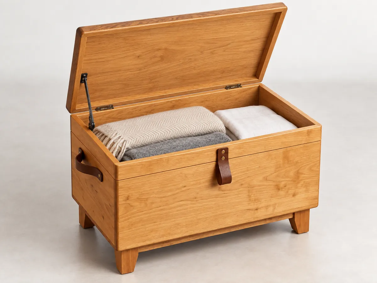 Open solid oak blanket chest with folded wool blankets inside and the lid held up by a stay — AI concept
