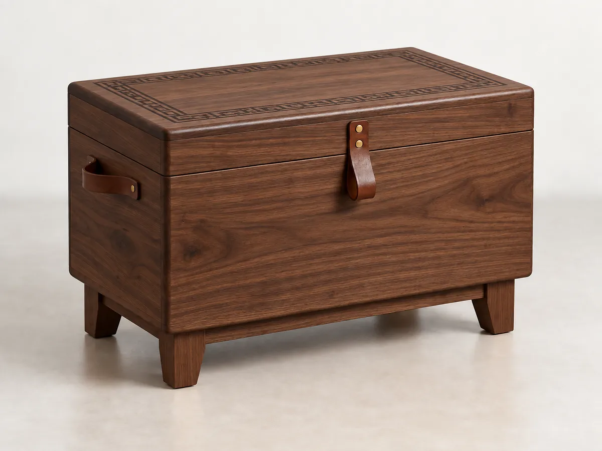 Walnut blanket chest with a fine line around the lid, a leather strap pull and a plinth base — AI concept