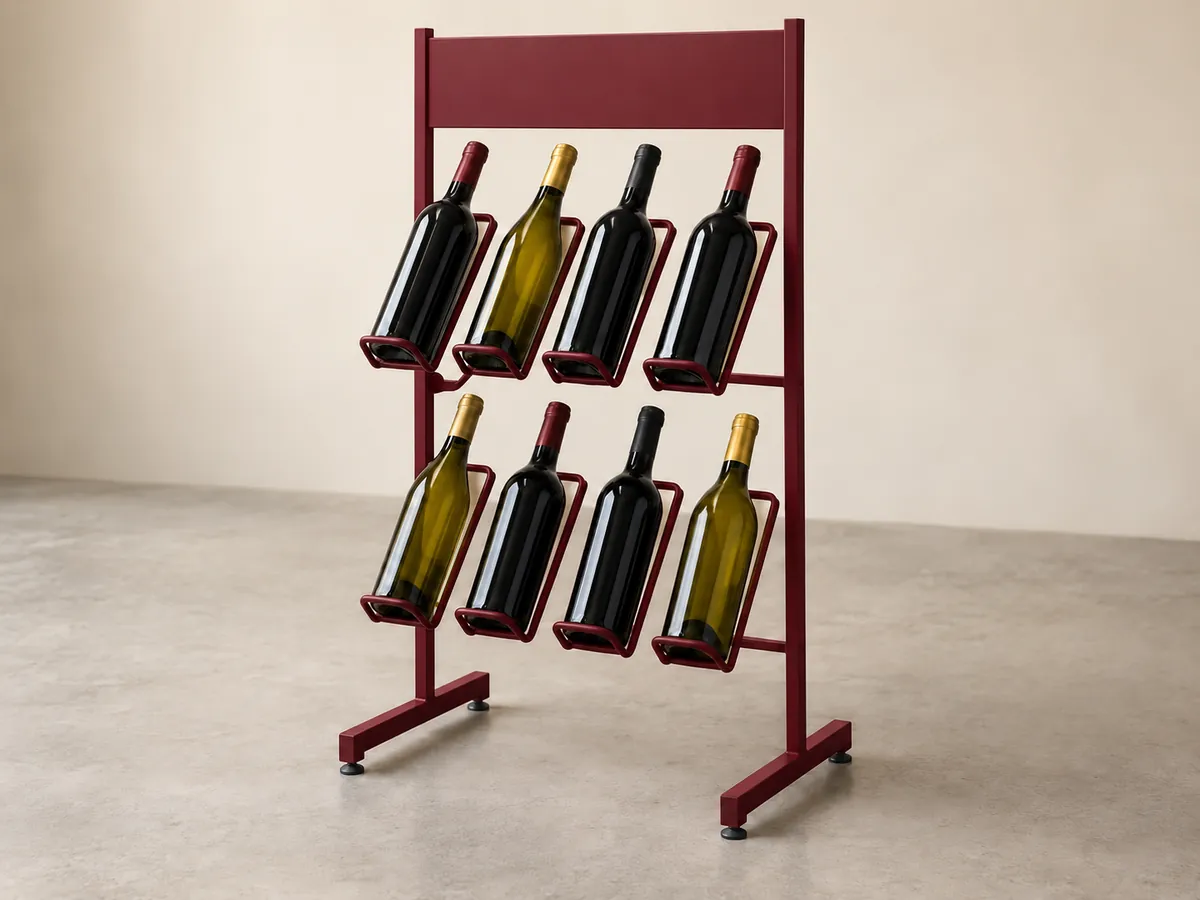 Deep burgundy painted steel display stand holding eight unlabelled bottles with a blank top panel — AI concept