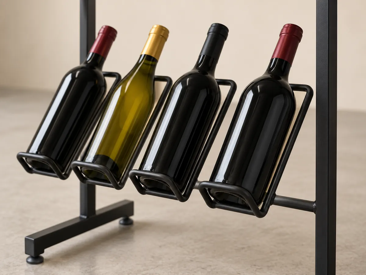 Close-up of angled black steel bottle holders and welded joints holding unlabelled bottles — AI concept