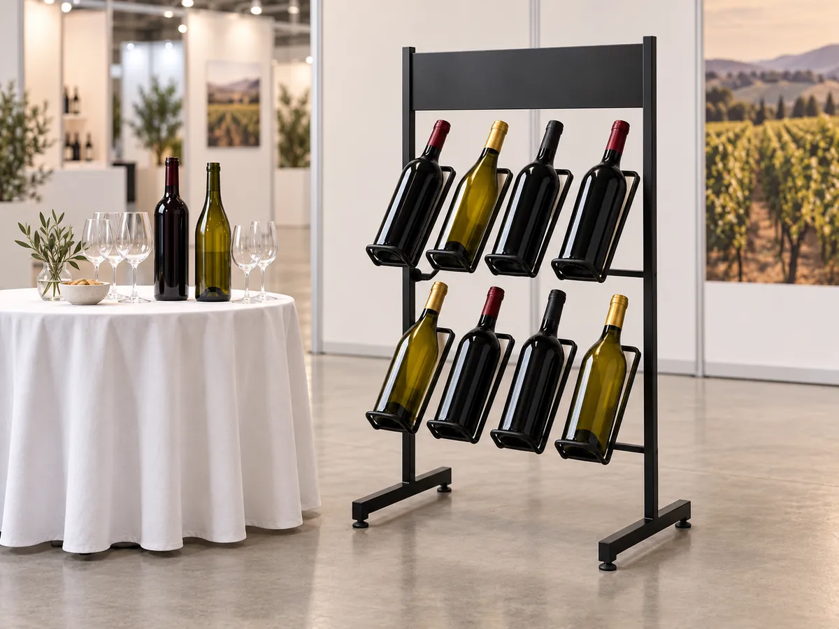 Black steel bottle display stand beside a tasting table on a trade-fair booth — AI concept
