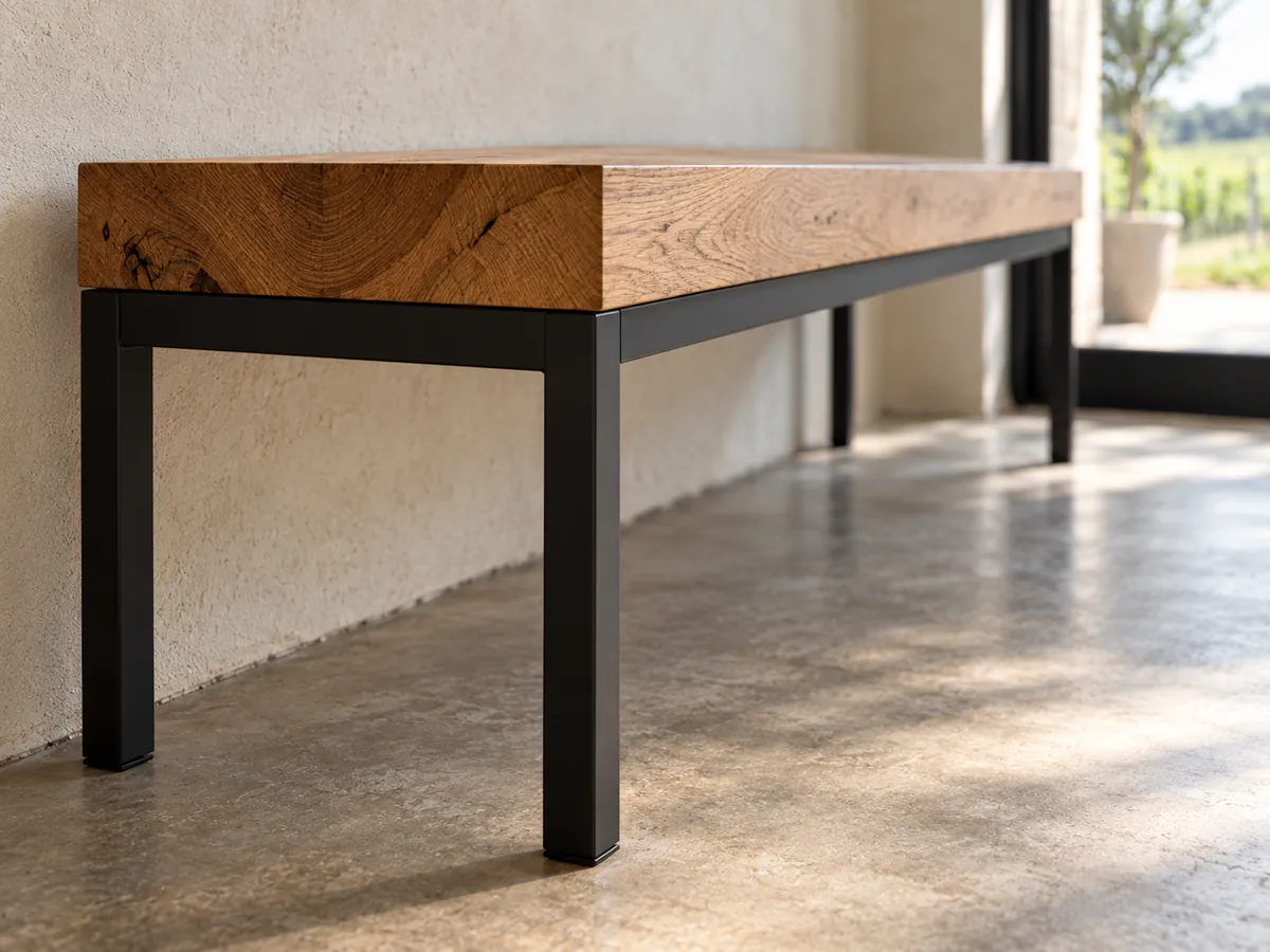 Close-up of a welded black steel bench frame corner with a thick oak seat on top — AI concept