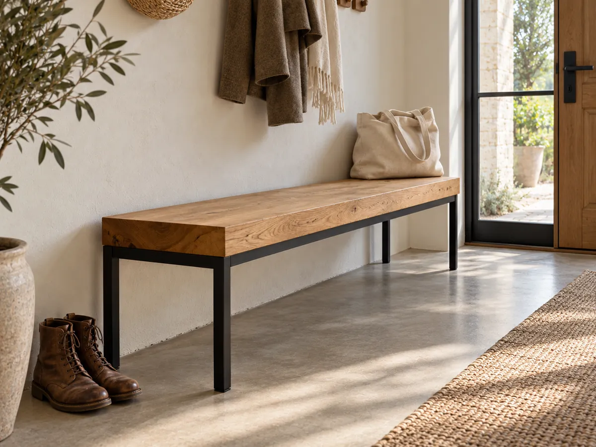 Oak bench on a black steel frame in a bright home hallway with boots and a bag — AI concept
