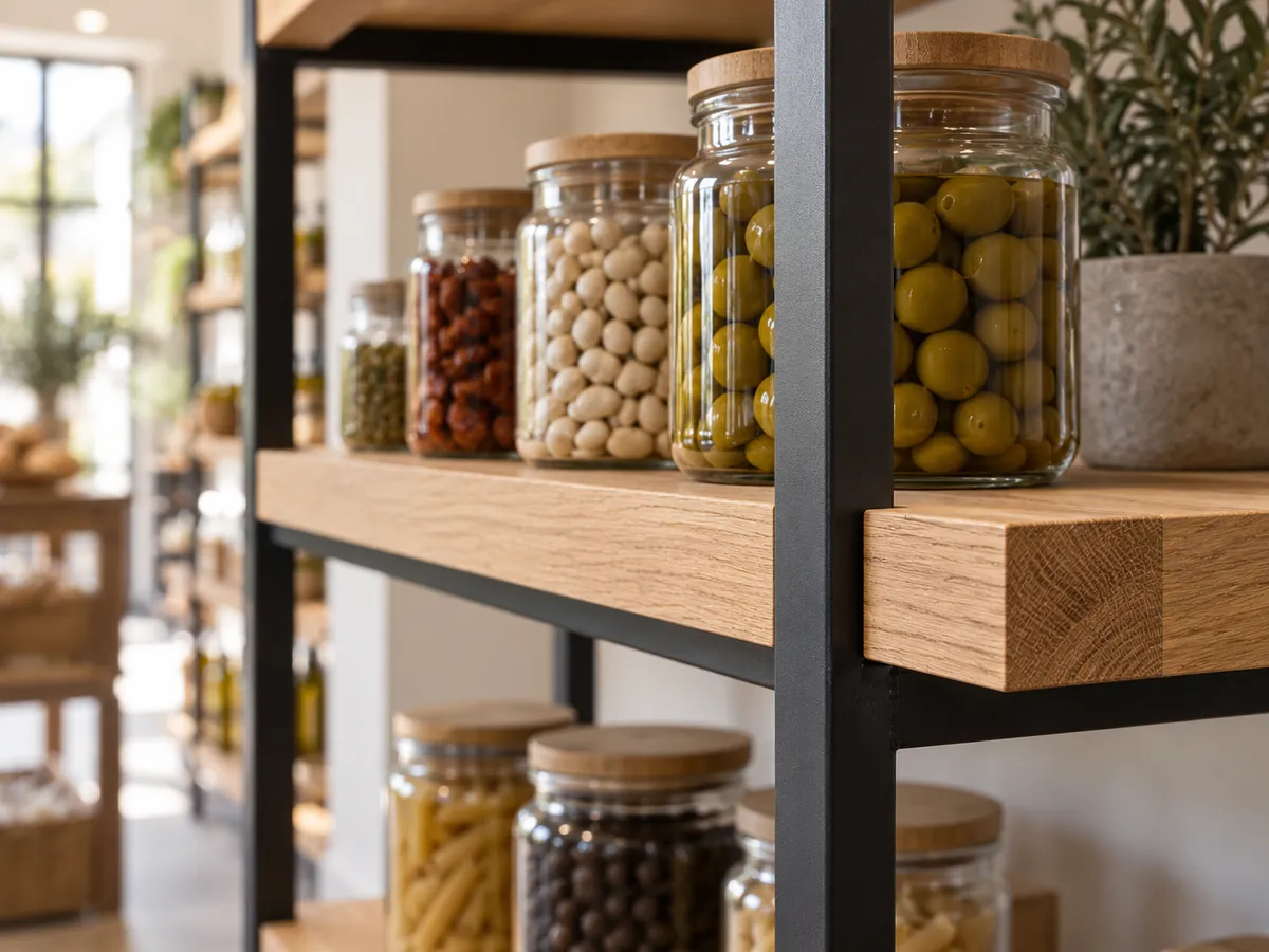 Close-up of a thick oak shelf on a welded black steel frame holding plain jars — AI concept