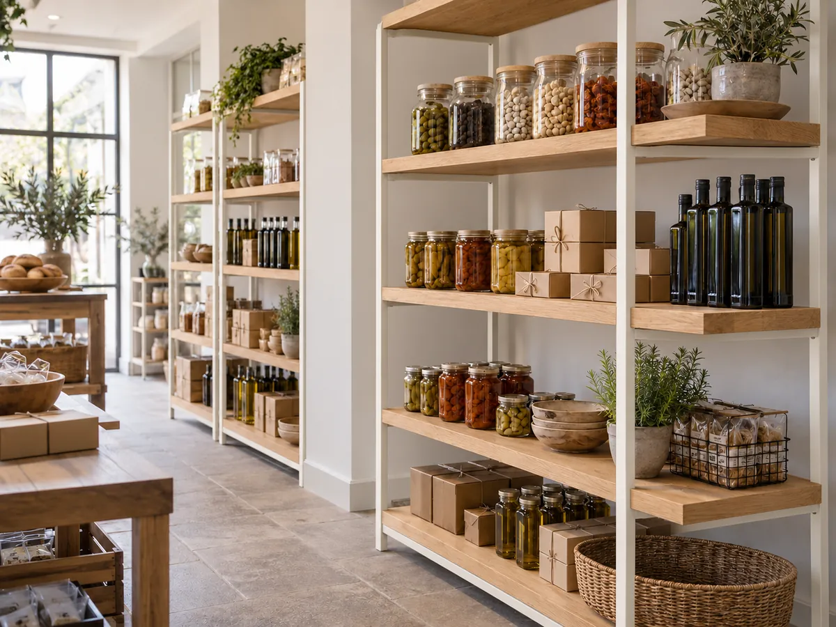 Shop shelving with white painted steel frames and thick oak shelves holding jars and bottles — AI concept