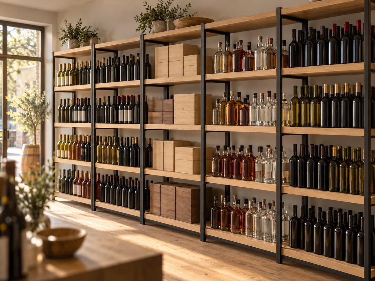 Long run of black steel and oak shelving bays holding upright unlabelled bottles in a wine shop — AI concept