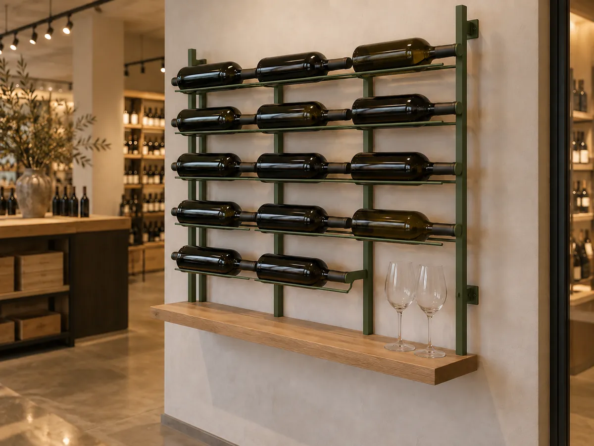 Deep green painted steel wall wine rack with unlabelled bottles and a small oak shelf on a plaster wall — AI concept