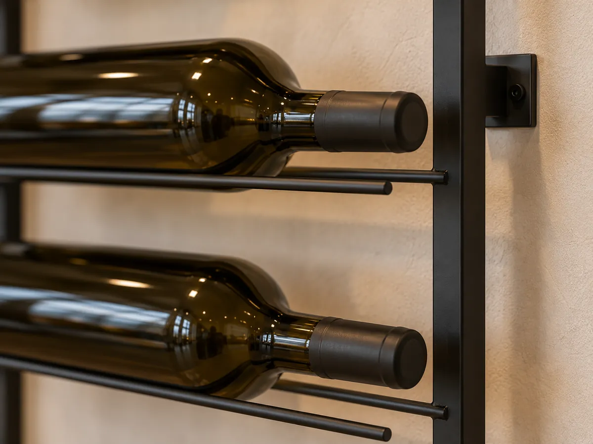 Close-up of black painted steel rods and welded joints holding unlabelled bottles on a plaster wall — AI concept