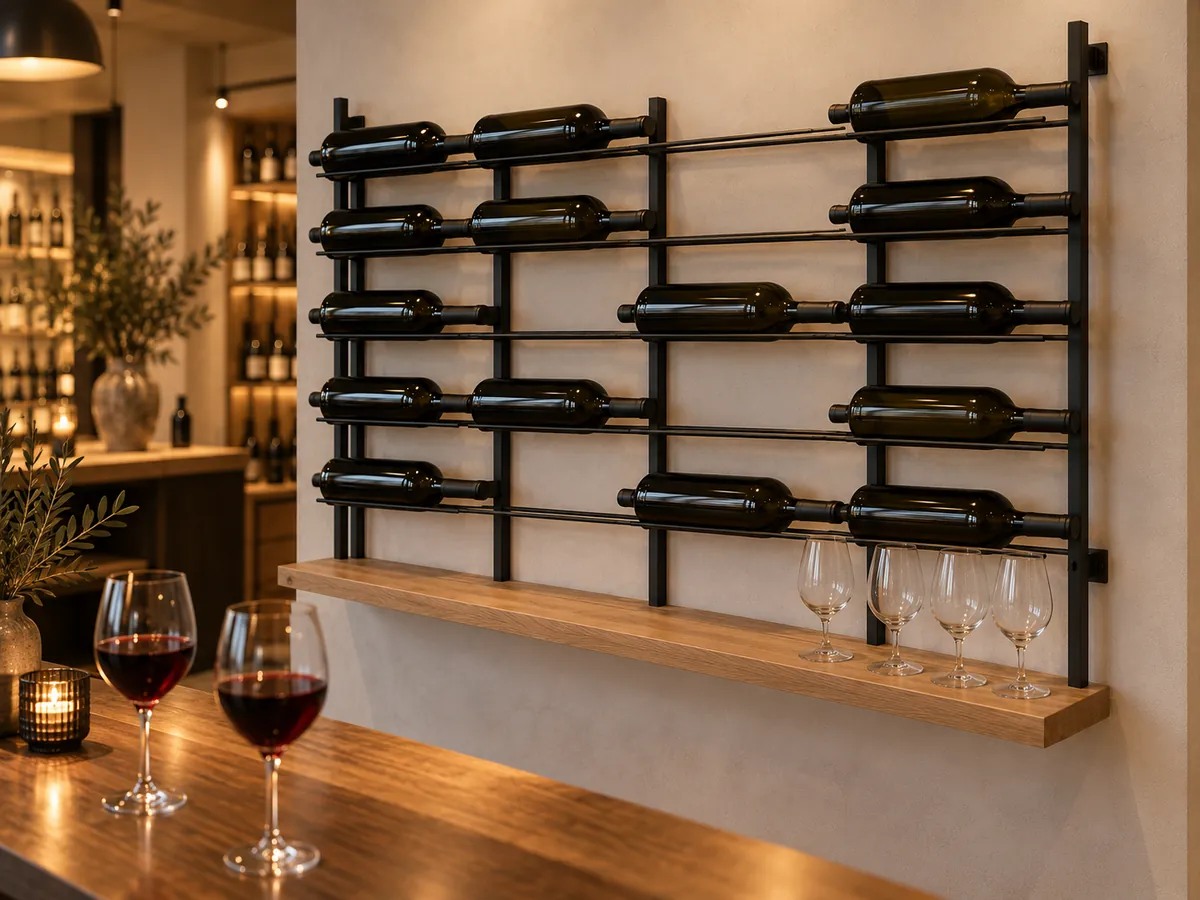 Wide black steel wall wine rack behind a wine-bar counter with unlabelled bottles and glasses on an oak shelf — AI concept
