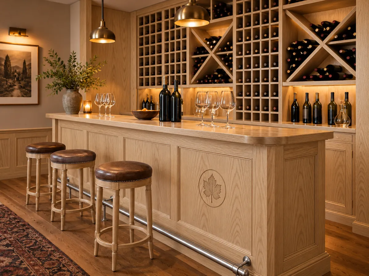 Wine tasting bar in pale ash with a steel foot rail and a simple engraved mark on the front panel — AI concept
