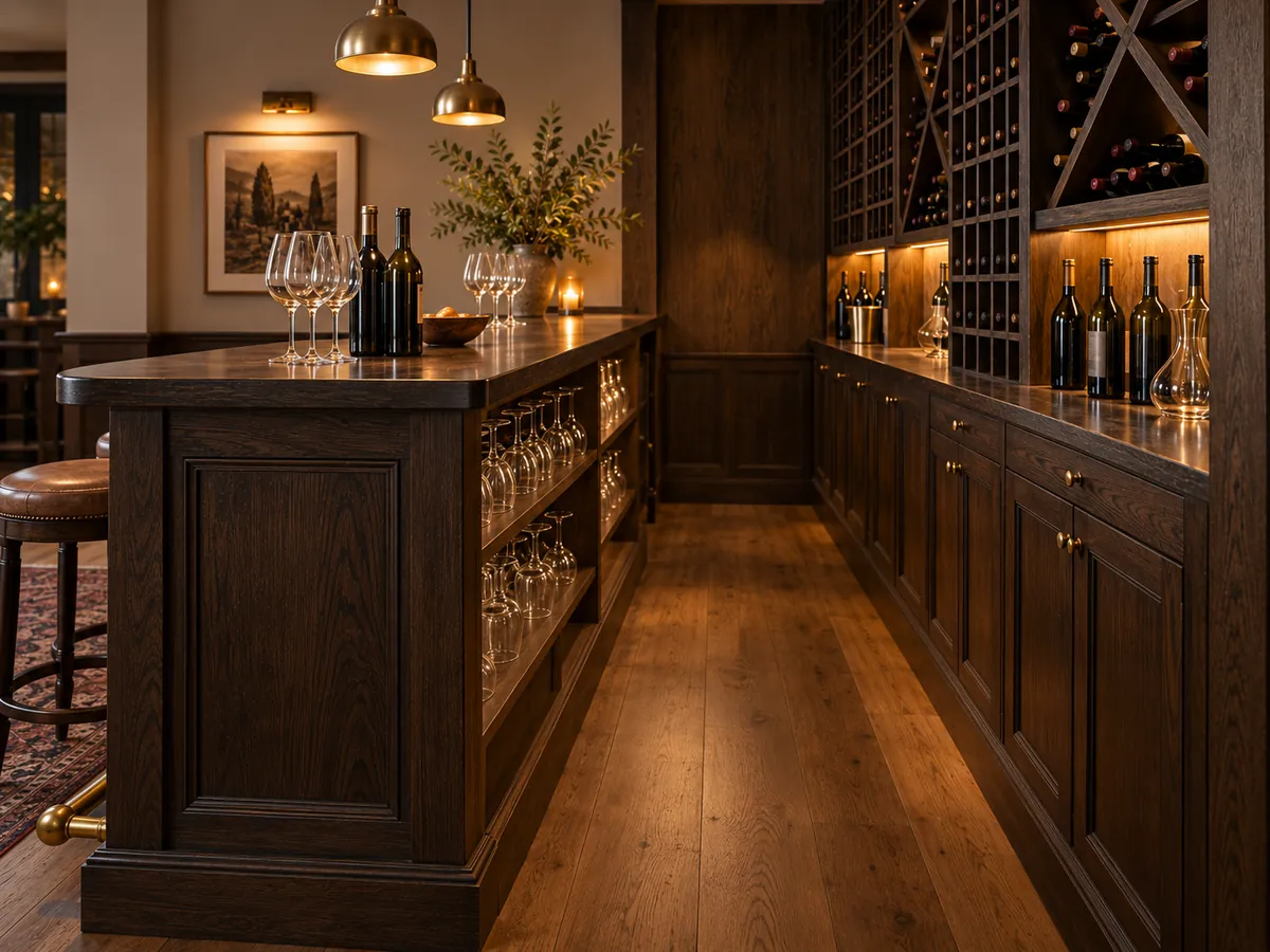 Three-quarter view of the staff side of a dark oak tasting bar showing the passage, wine storage grid and an under-counter shelf option — AI concept