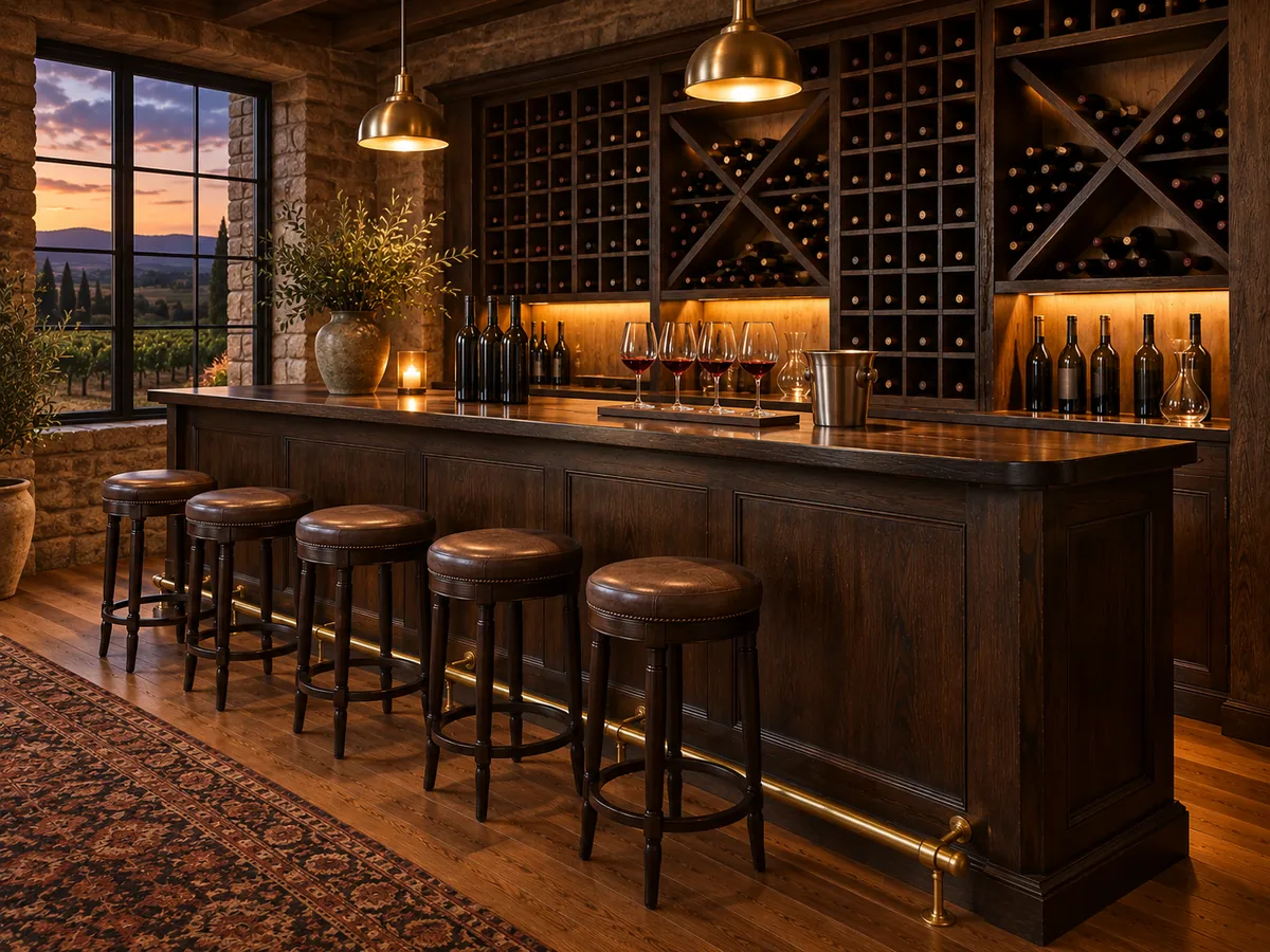 Longer dark oak tasting bar with stools and wine glasses in a winery tasting room — AI concept