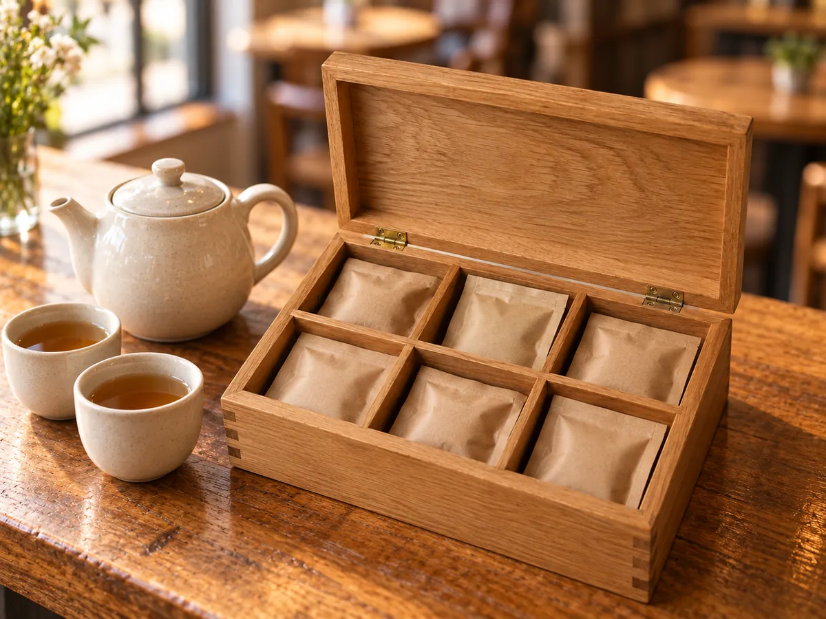 Open oak tea chest on a café counter beside a teapot and two cups — AI concept