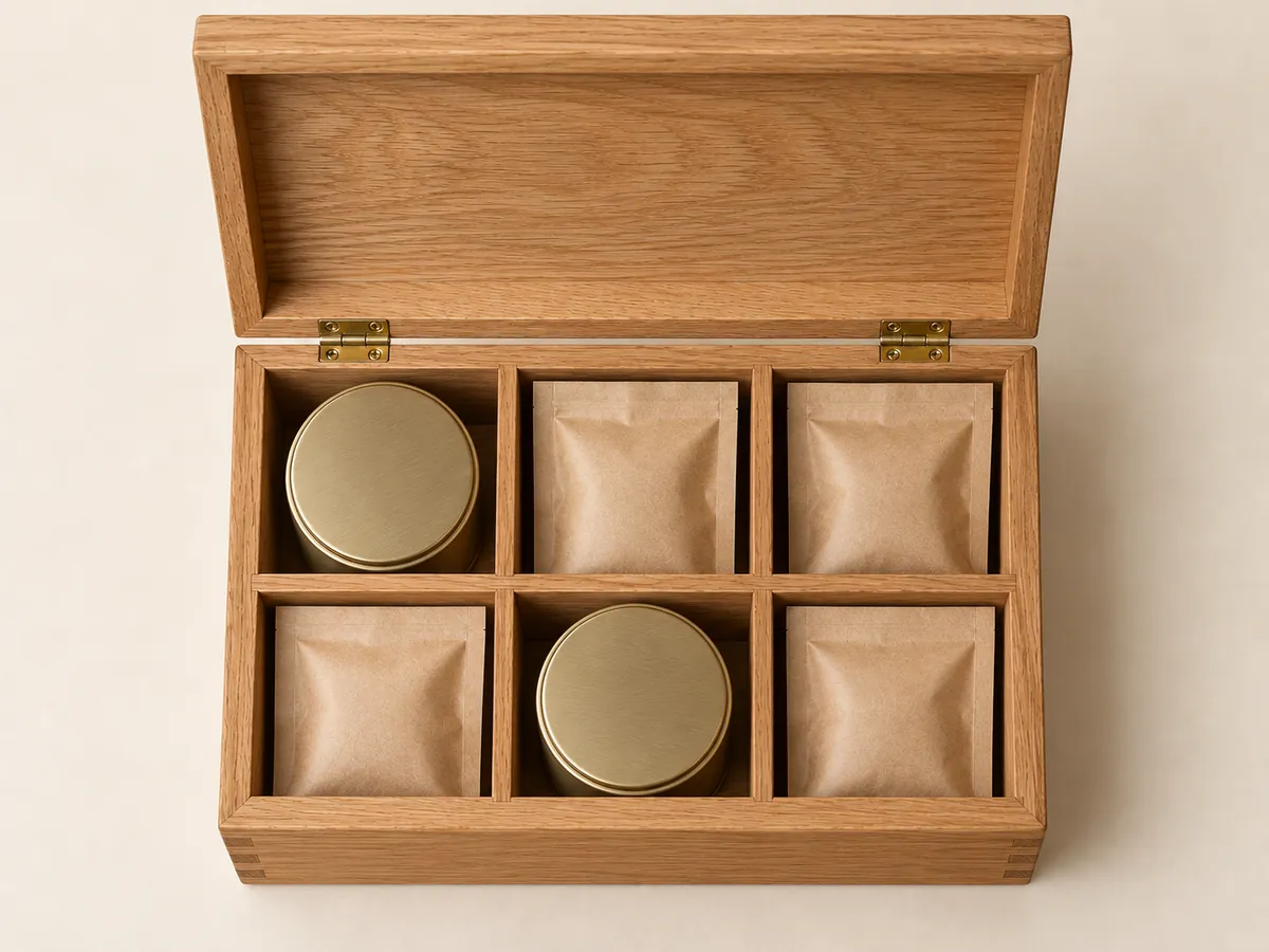 Oak tea chest seen from above with the lid open, six compartments holding plain sealed tins and pouches — AI concept
