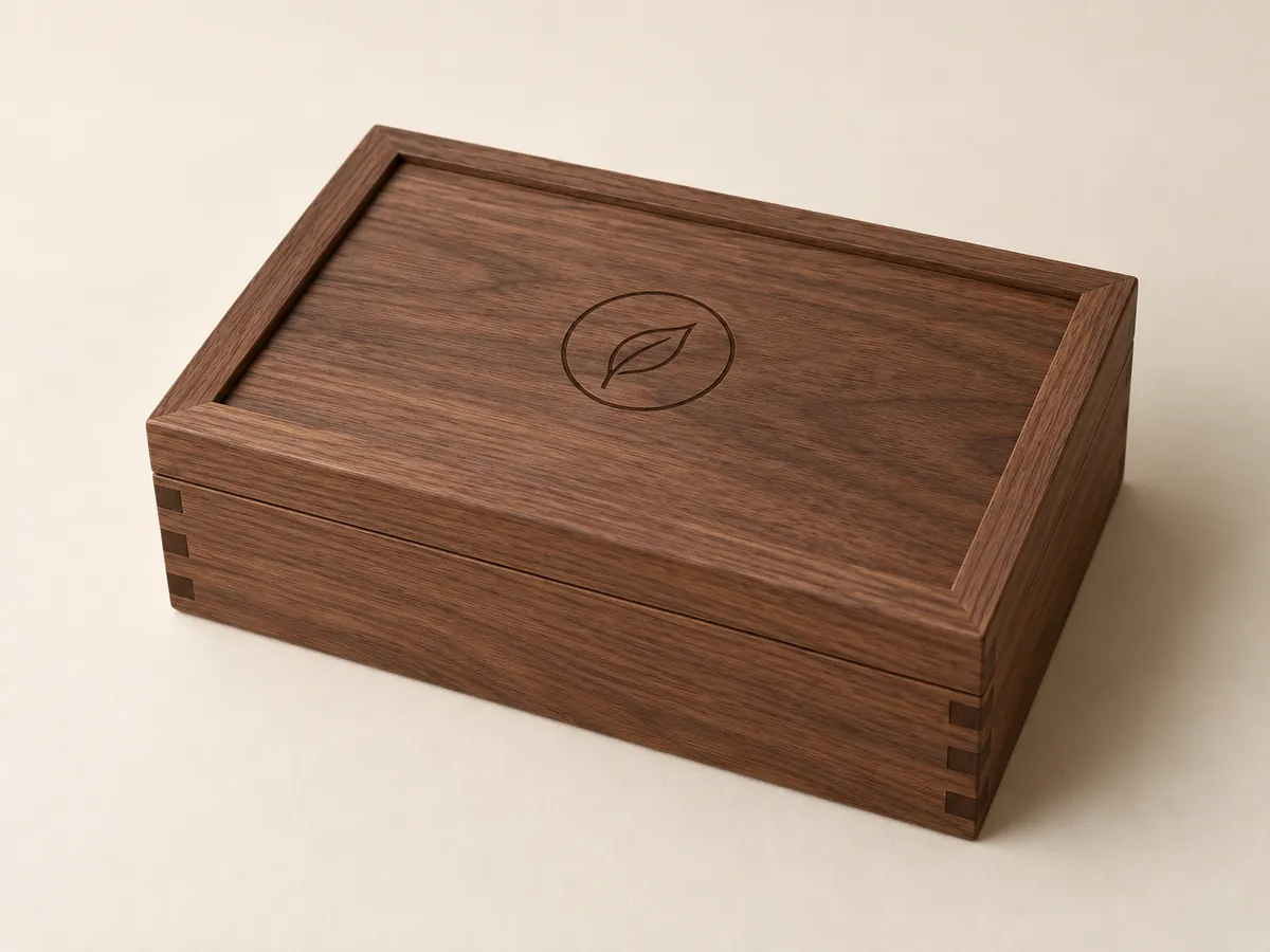 Walnut tea chest with the lid closed and a simple leaf mark engraved on top — AI concept